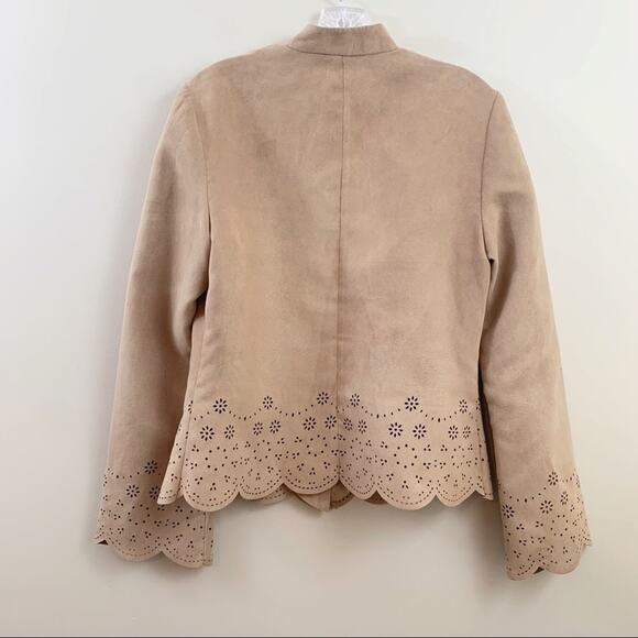The Limited Y2K Flower Eyelet Bell Sleeved Faux Leather Scalloped Hem Tan Jacket - Picture 4 of 6